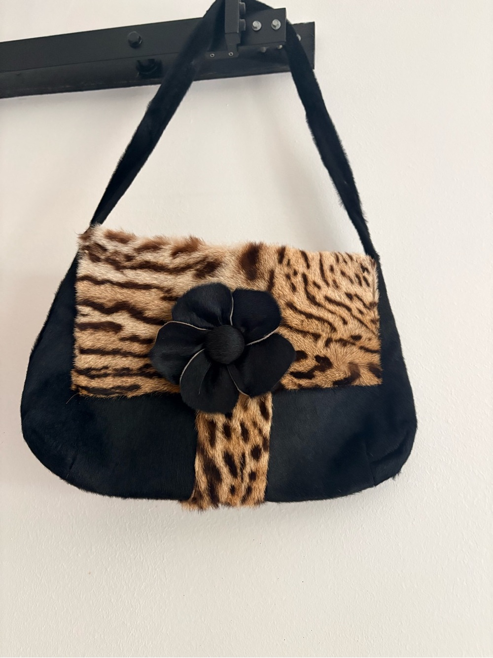 Black and Leopard REAL Fur Shoulder Bag with Floral Accent